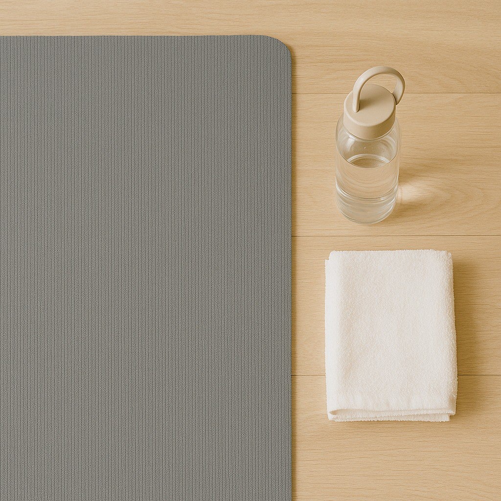 Простір для практики: килимок, подушка і вода.